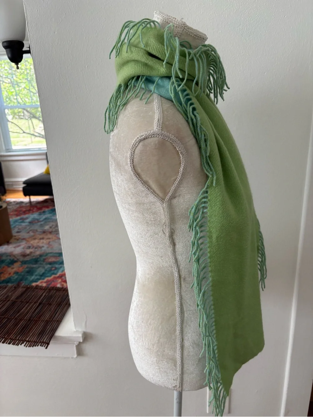 Castlerig 100% cashmere artsy scarf aqua green blue *flaws